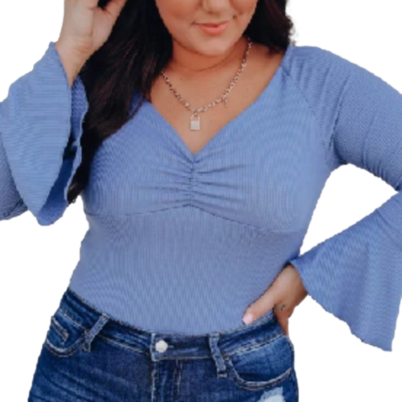 Peach Love California Tops - Boutique Blue Long Sleeve BodySuit women’s small ribbed Fluted Flair Milk Maid
